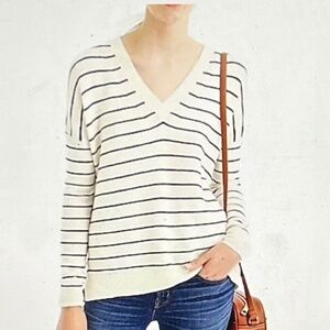 J. Crew V-Neck Navy and Cream Striped Lightweight Sweater, XXS